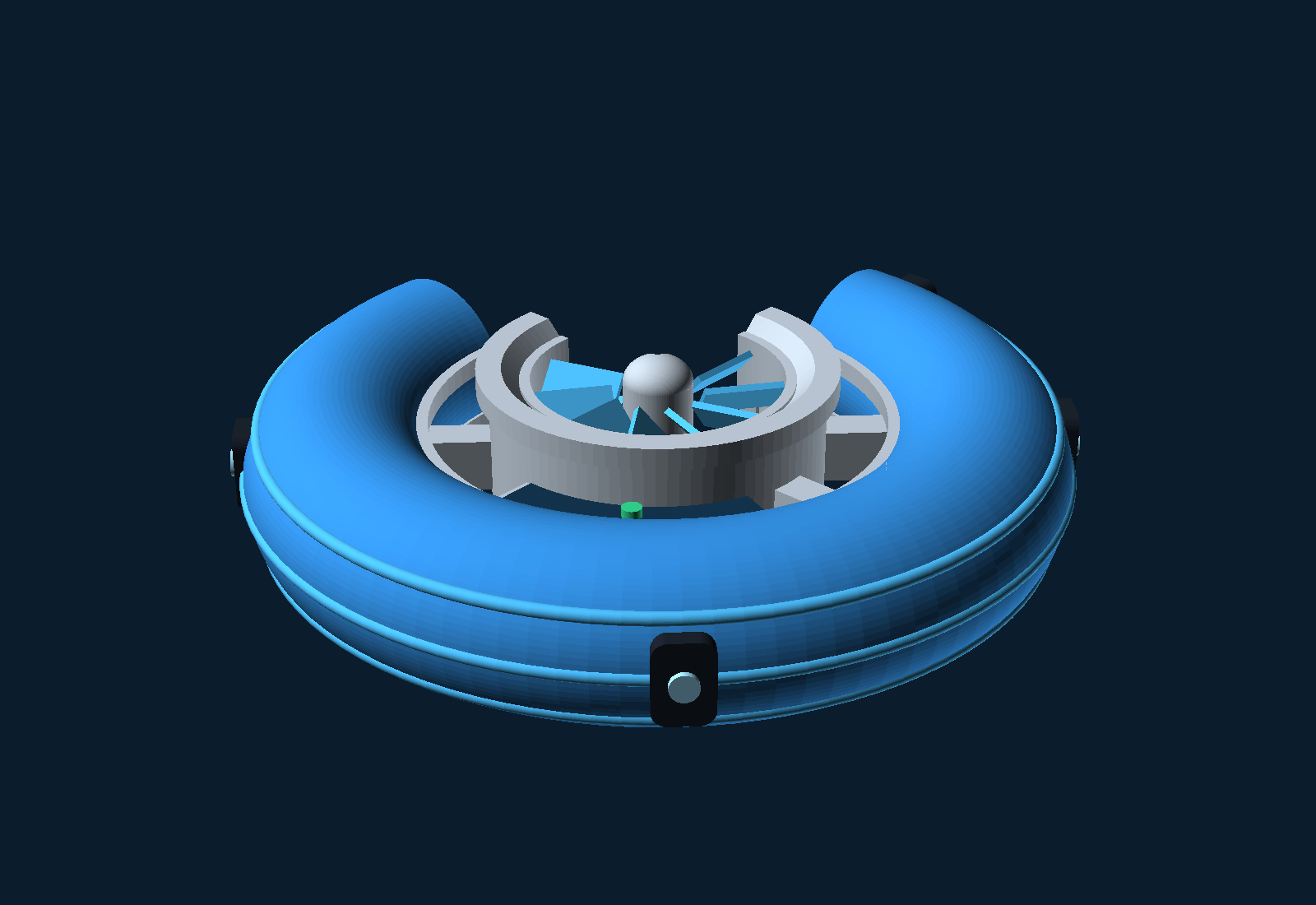 Cutaway view of the O-Seal: quadrant removed, exposing the hollow inflation chamber, flow bore, iris stack and turbine