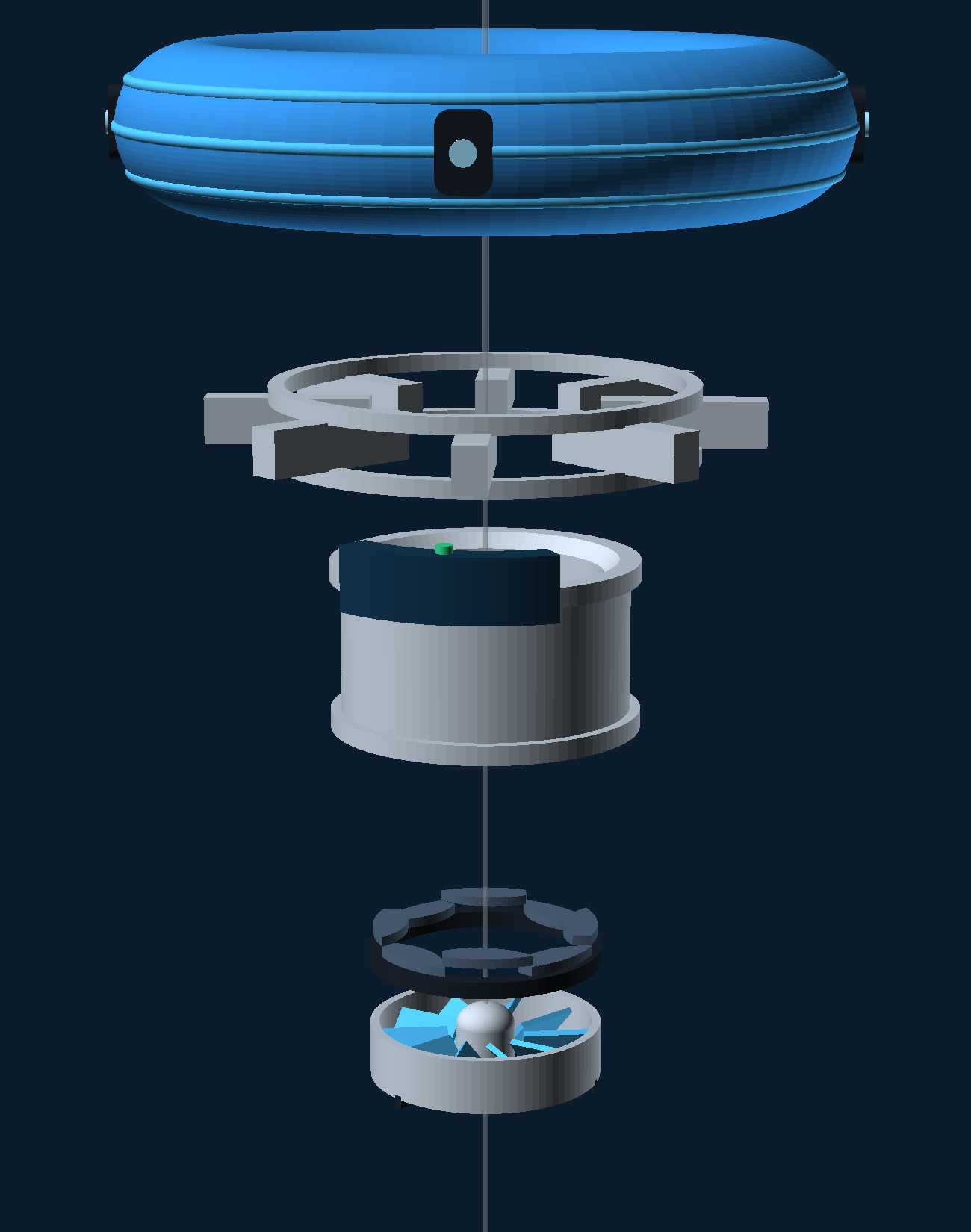 Exploded view of the O-Seal subassemblies along the flow axis